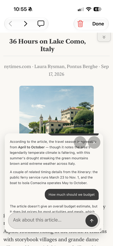 AreaderZ reading an article on an iPhone with the Ask sheet open beneath it, answering a question about the article's travel season and closing with an Ask about this article field.