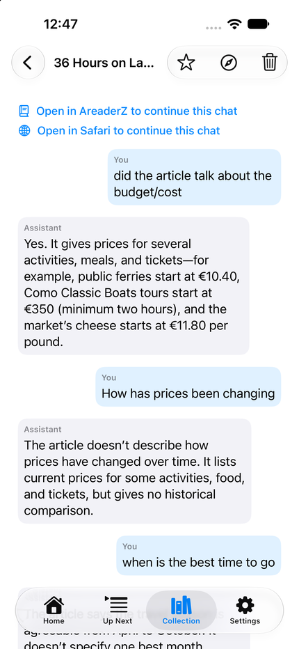 A kept AreaderZ conversation on an iPhone: the page title, the questions asked and the answers given, with the option to carry the chat on in Safari.