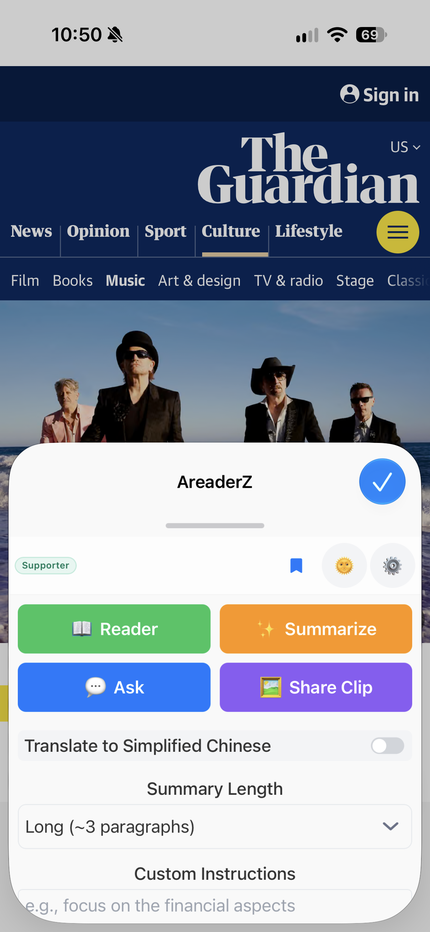 The AreaderZ panel in Safari on an iPhone: Reader, Summarize, Ask and Share Clip buttons, a Supporter badge, a translate toggle, the summary length and custom instructions.