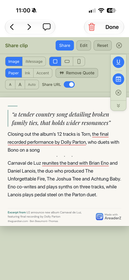 The same Share Clip card on an iPhone, with Image and iMessage chosen as the format, paper, ink and accent options, a text size control and a Share URL toggle.