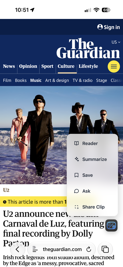 The AreaderZ floating button open on an iPhone article, offering Reader, Summarize, Save, Ask and Share Clip.