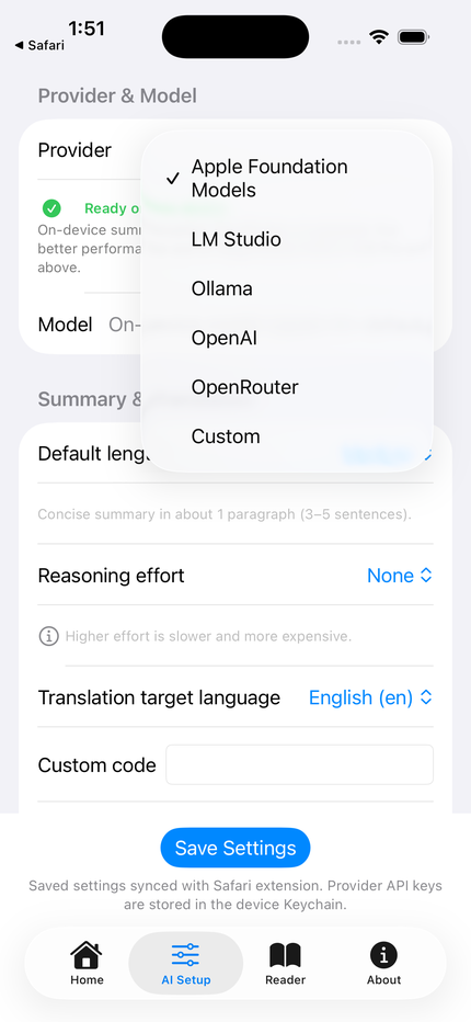 The AreaderZ app's AI Setup screen on an iPhone, with provider, endpoint, key and model fields.