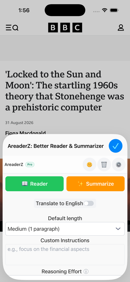 The AreaderZ extension pop-up on iPhone with Reader, Summarize, quick-access and translation controls.