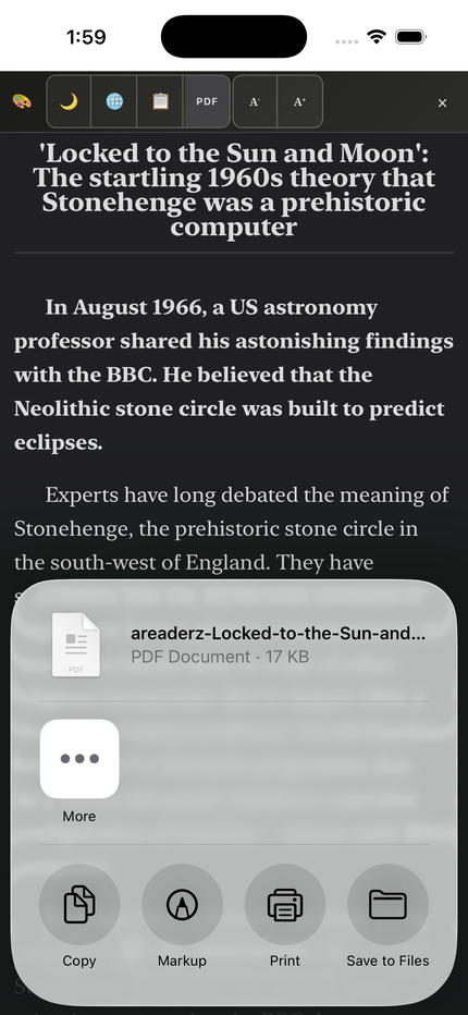 The iOS share sheet for a PDF exported from AreaderZ: a PDF Document of 17 KB named areaderz-Locked-to-the-Sun-and-, with Save to Files, Print, Markup and Copy.