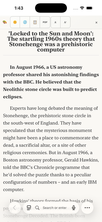 The iPhone reader using the Terminal theme: monospaced text with the same reading toolbar.