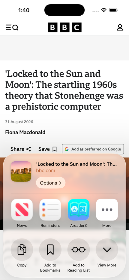 The iOS share sheet on an iPhone with AreaderZ among the share targets for a bbc.com article.