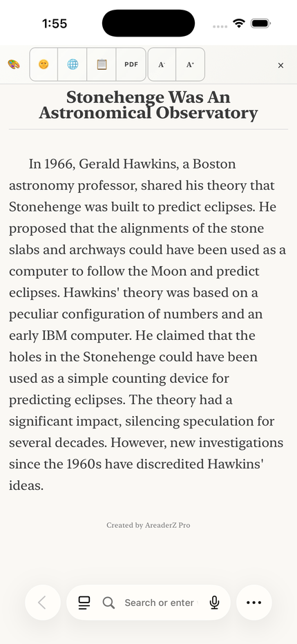 An AI summary written by the on-device model and shown in the AreaderZ reader view on an iPhone.
