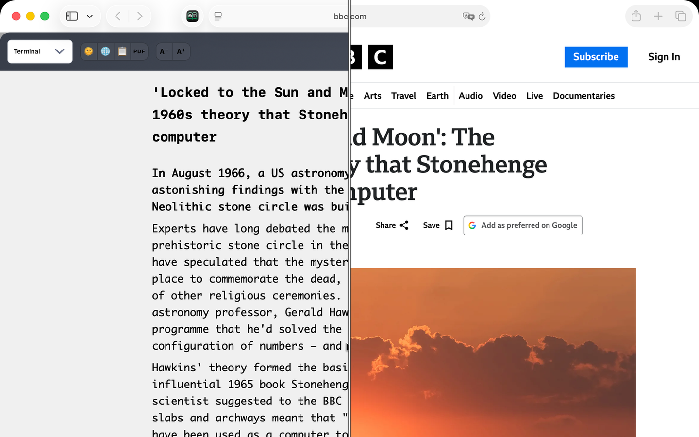 Split comparison on macOS: the AreaderZ reader on the left, the original news page with navigation and a hero image on the right.