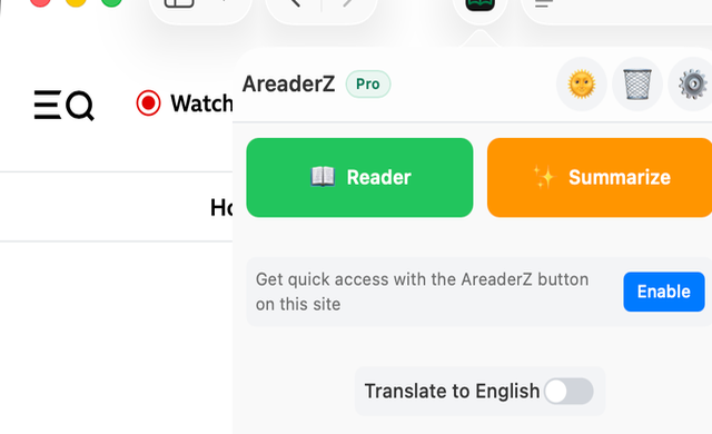 The AreaderZ pop-up on a Mac showing Reader and Summarize buttons and the current AI setup, Apple Foundation Models.