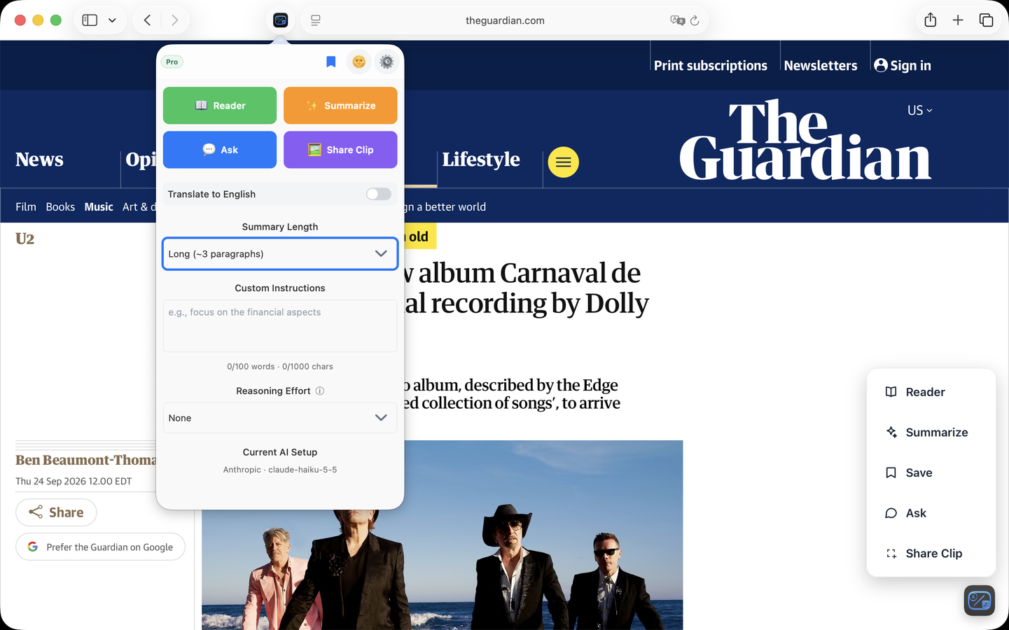 The AreaderZ pop-up on a Mac: Reader, Summarize, Ask and Share Clip, the summary length, and the Current AI Setup line at the bottom.