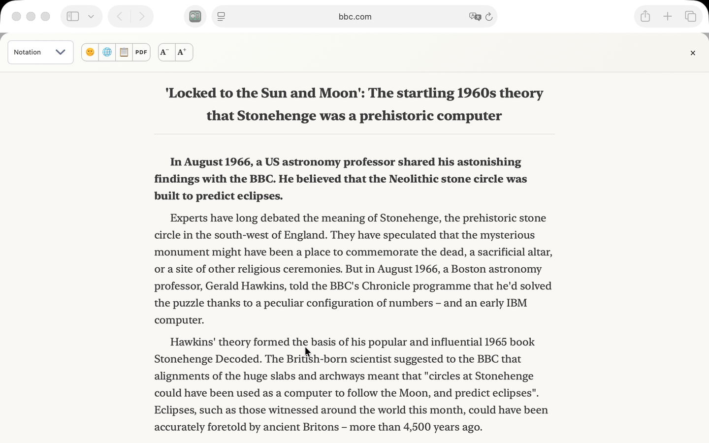 AreaderZ reader view in Safari on a Mac showing a long article without ads or sidebars.