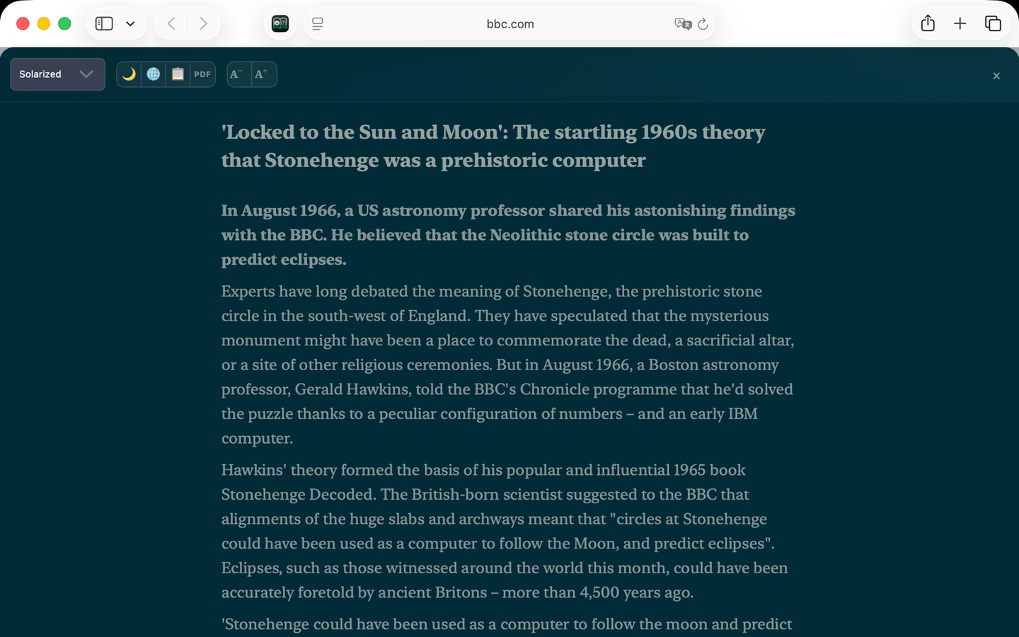 AreaderZ reader view in dark mode on a Mac: light monospaced text on a dark background.