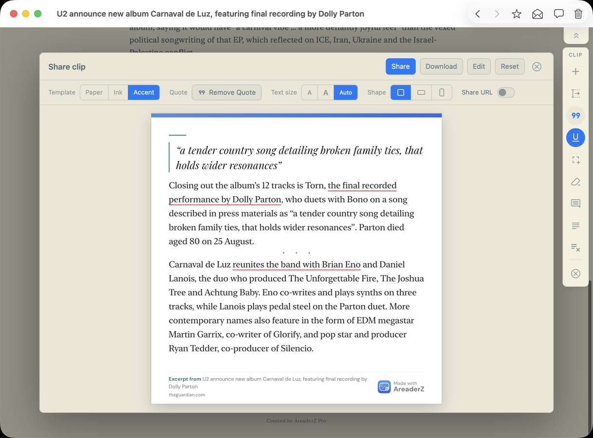 Share Clip in AreaderZ on a Mac: the clipped quote set on a card beside the article, with template, paper, ink, accent, quote, text size and shape controls, and the source credited at the foot of the card.
