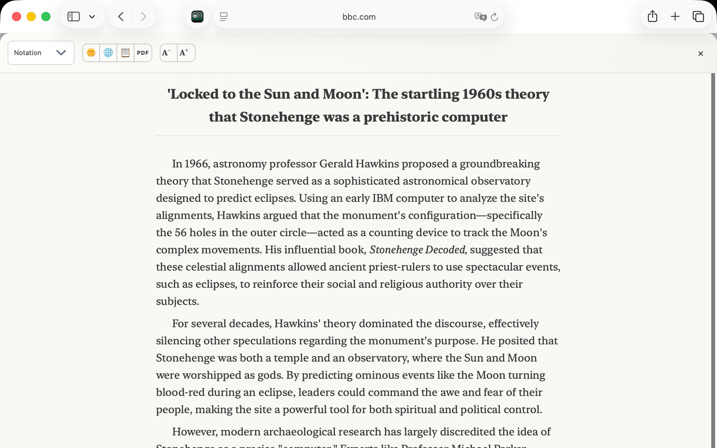 An AreaderZ summary on macOS: the Stonehenge article condensed into a few paragraphs above the headline.