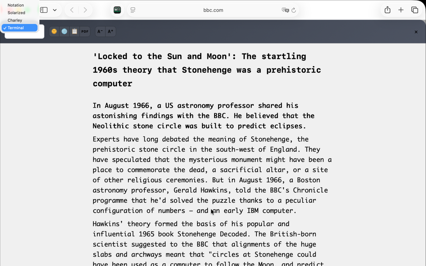 The AreaderZ theme picker open over a reader view in Safari on a Mac.